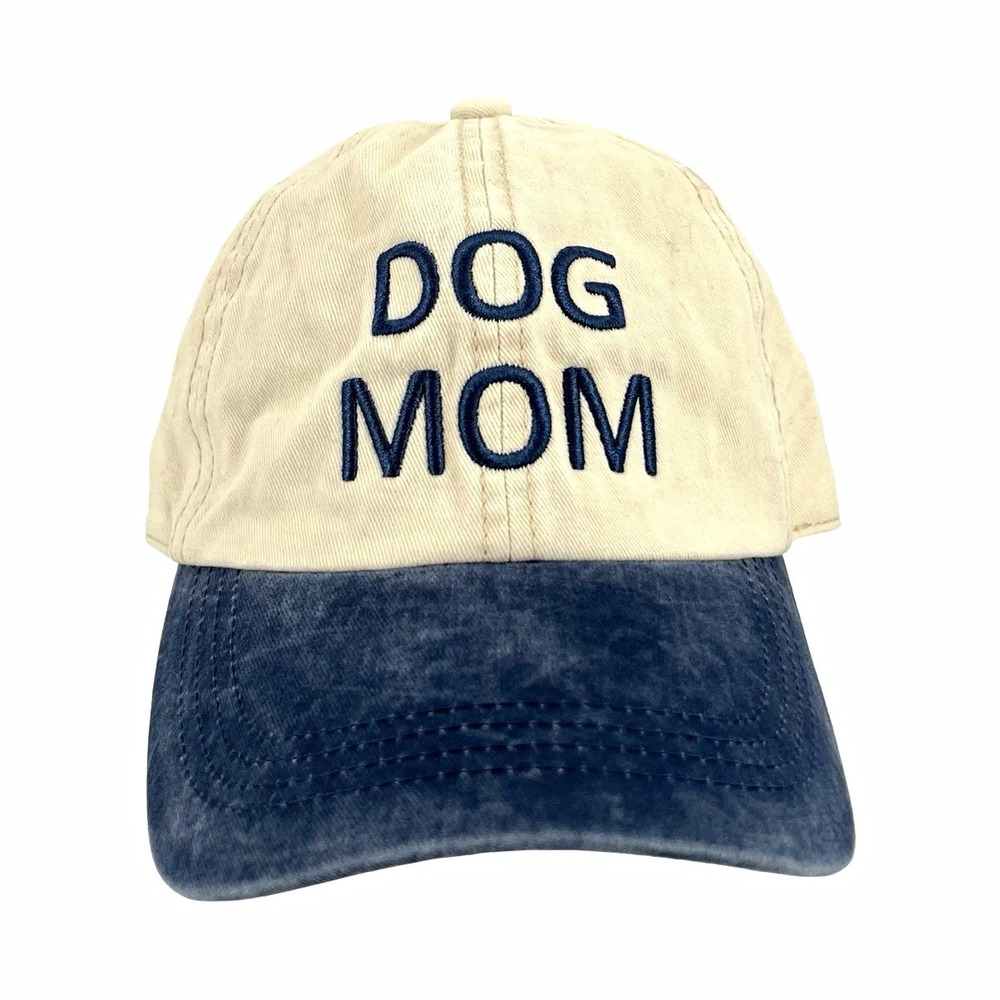 Dog Mom Hat Manhattan Hat Company Beige Blue Embroidered Strapback Dad Cap